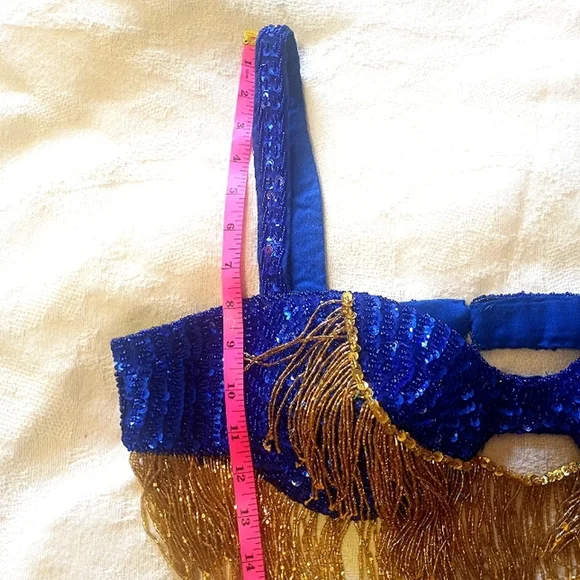 Belly Dancer Ornate Beaded Blue Gold Two Piece Bra Sheer Layered Tiered Skirt - Picture 8 of 13